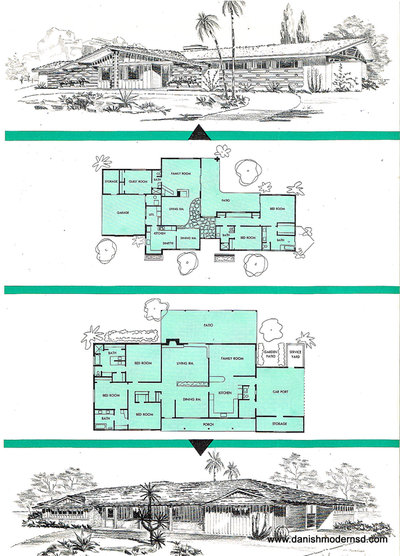 Sixth page c. 1960 mid century modern house plans brochure from MacMillin Construction Co., Scottsdale, Arizona. Page features house illustrations with plans.