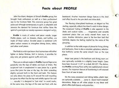 Facts about the Drexel Profile furniture range from the January 1960 catalog.