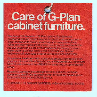 1964-1975 G-Plan Furniture tag. "Care of G-Plan cabinet furniture." 