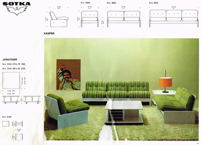 Kasper sofas and lounge chairs in green stripe upholstery with Jonathan coffee table by Sotka, Finland, 1970.