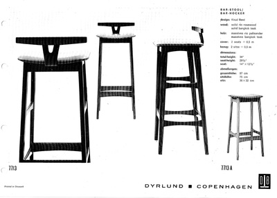 Dyrlund bar-stool / bar-hocker 7713 A designed by Knud Bent, 1968-1970. Solid rio rosewood (massives rio palisander) or solid bangkok teak (massives bangkok teak).