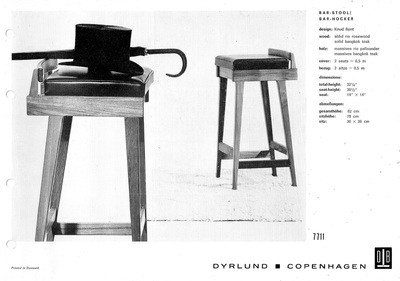 Dyrlund bar-stool / bar-hocker 7711 designed by Knud Bent, 1968-1970. Solid rio rosewood / solid bangkok teak. Massives rio palisander / massives bangkok teak.