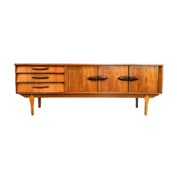 Vintage teak, birch, and ipe wood credenza by Beautility, England.
