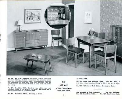 1957 Beautility Furniture Contemporary catalog, page 9, The MILAN Walnut Colour Set in Satin Matt Finish Sideboard, Beautili-Tea Table, Panel Back Chairs, Drawleaf Table.