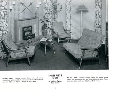 1957 Beautility Furniture Contemporary catalog, page 16. featuring THREE PIECE SUITE in Walnut, Oak or Tola Colour. Chairs and Settee have polished wooden and coil sprung frames. Shown in fireplace environment with rock walls, atomic print curtains, mcm coffee table and floor lamp.