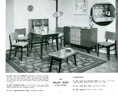 Beautility Furniture 1957 Contemporary Range catalog page 3 featuring The MILAN SUITE in Tola and Black. Pieces shown are the Cocktail Sideboard, Beautili-tea Table, Upholstered Back Chairs, and Bookcase.