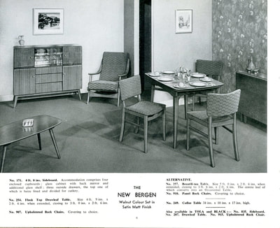 1957 Beautility Furniture Contemporary catalog, page 6, The NEW BERGEN Walnut Colour Set in Satin Matt Finish.