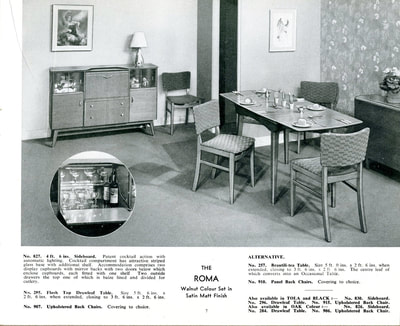1957 Beautility Furniture Contemporary catalog, page 7, The ROMA Walnut Colour Set in Satin Matt Finish.