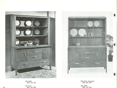 Buffets with china deck options. Silver-plated pulls. Designed by John Van Koert for Drexel Profile, January 1960.