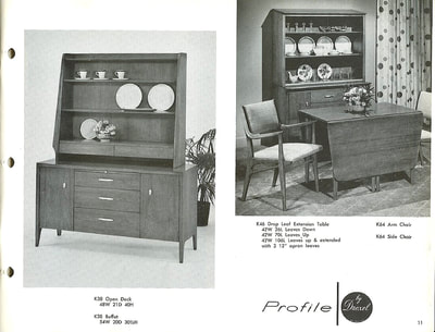 Buffet with open china deck, china hutch, armchair, side chair, and drop-leaf table designed by John Van Koert for Drexel Profile, January 1960.