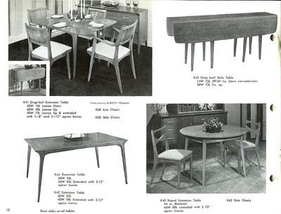 Square, rectangle, and round drop-leaf and extension dining and sofa tables shown with arm and side chairs. Designed by John Van Koert for Drexel Profile, January 1960.