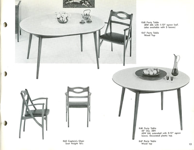 Oval and round party tables with wood and decorated plastic tops shown with Captain's chairs. Designed by John Van Koert for Drexel Profile, January 1960.