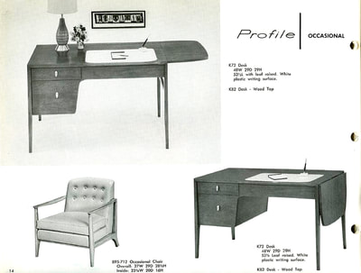 Drop-leaf desk with white plastic writing surface and silver-plated pulls on drawers. Wood occasional armchair with upholstered cushions. Designed by John Van Koert for Drexel Profile, January 1960.