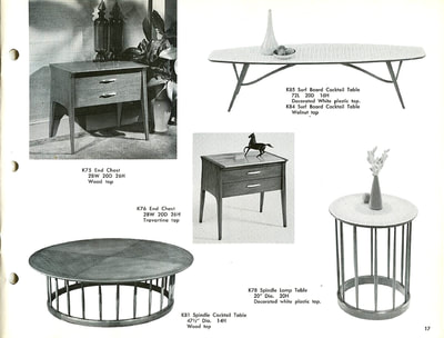 End table chest with wood or Travertine top, spindle cocktail and lamp tables, surf board coffee table with decorated white plastic top. Designed by John Van Koert for Drexel Profile, January 1960
