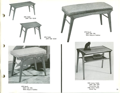 Splayed-leg occasional tables, benches with snap-on cushions, and lamp table with Travertine top designed by John Van Koert for Drexel Profile, January 1960.