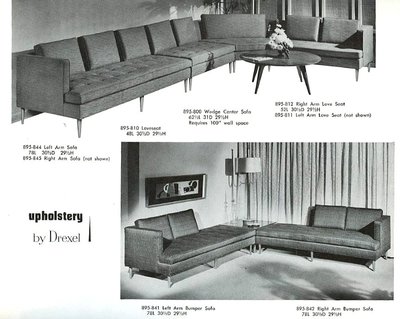 Left and right arm sofas, loveseat, wedge center, and left and right arm bumper sofas designed by John Van Koert for Upholstery by Drexel Profile, January 1960.