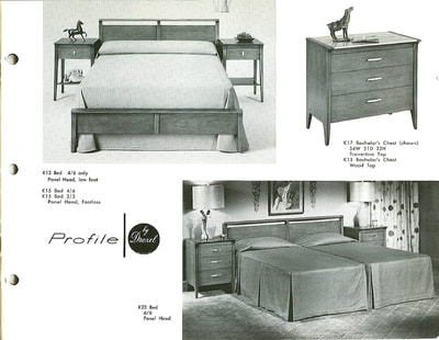 Double and twin beds and nightstand, or "Bachelor's Chest" designed by John Van Koert for Drexel Profile, January 1960.