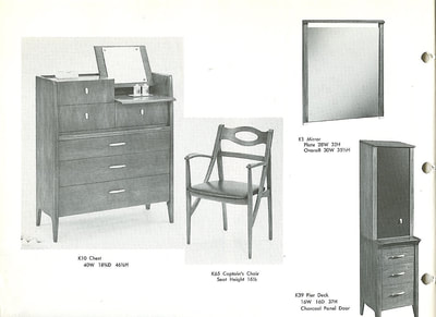 Chest, Captain's chair, mirror, and pier deck with charcoal panel door designed by John Van Koert for Drexel Profile, January 1960.