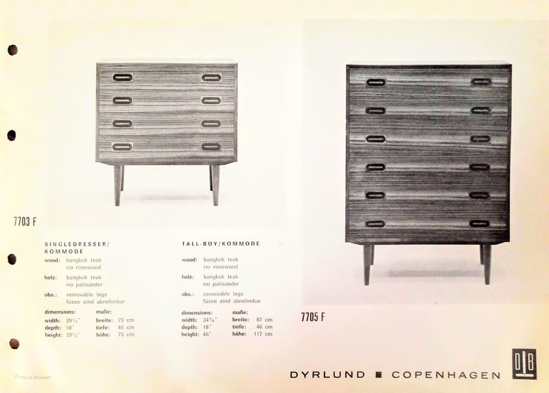 Dyrlund Copenhagen single dresser and tall boy manufactured 1968 to 1970. Original catalog tear sheet.