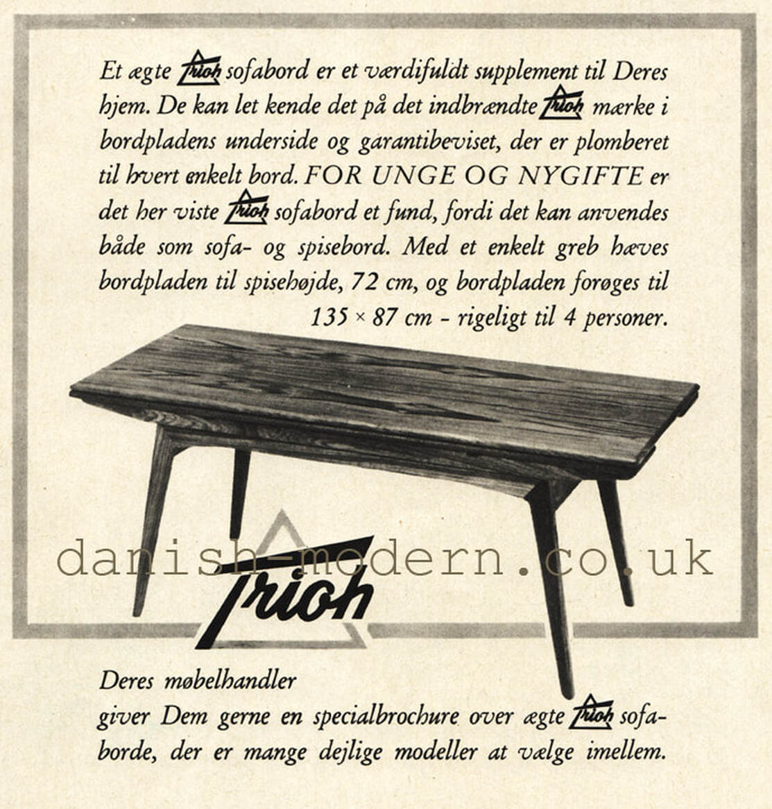 Black and white print ad from 1962 promoting the Elevator table designed by Kai Kristiansen for Trioh, Denmark.