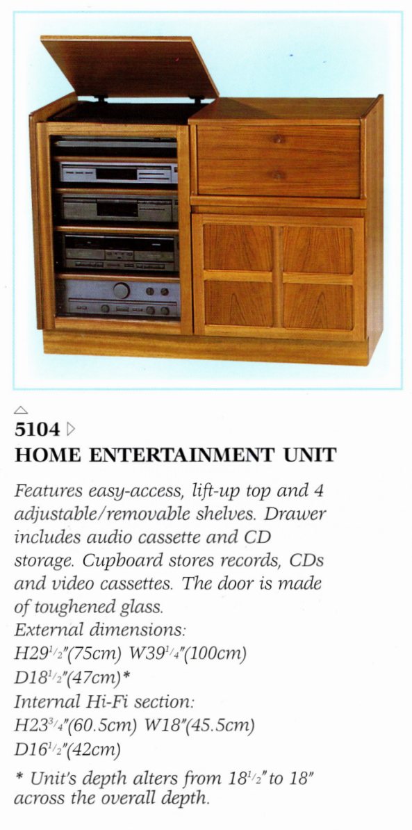 Nathan Furniture Teak Home Entertainment Unit 5104 product listing from 1991 catalog.
