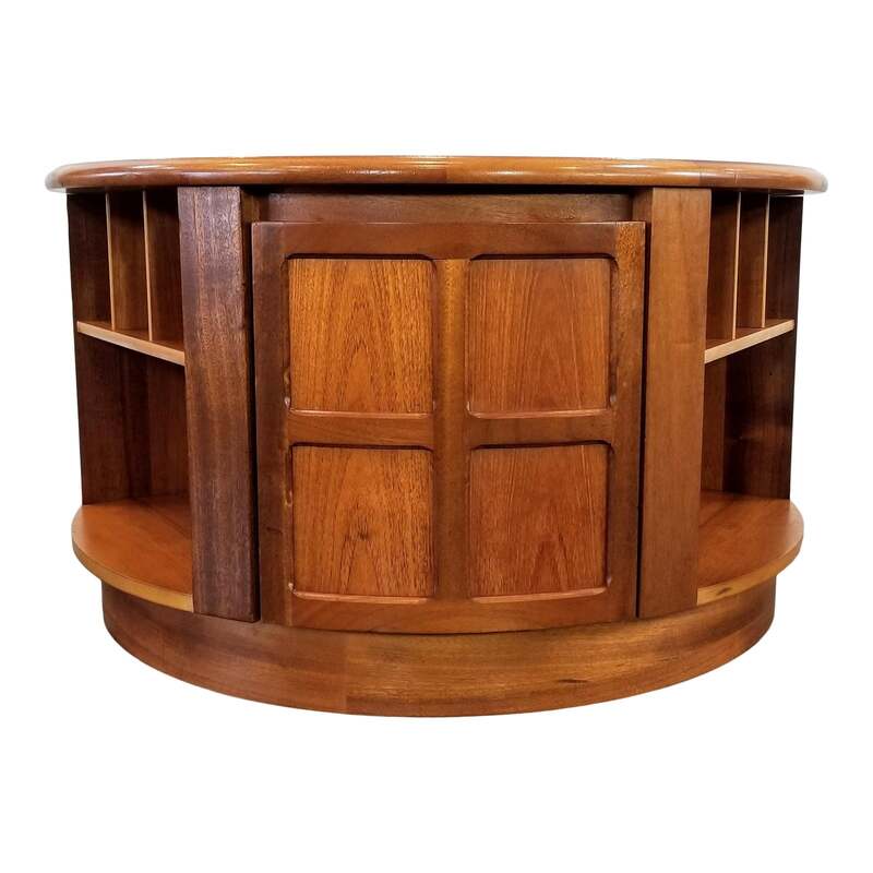 Nathan Furniture Teak Finish Range round occasional table with storage cabinets and shelves. Available from Danish Modern San Diego.