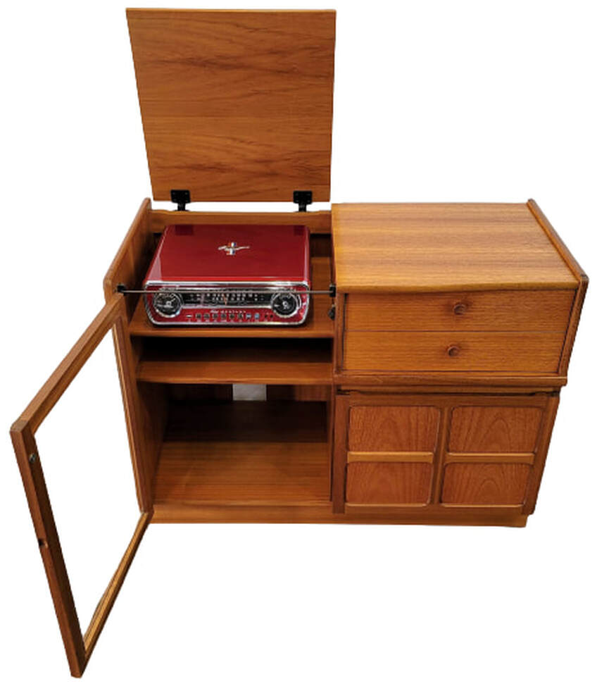 Nathan Furniture Classic Teak range Home Entertainment Unit with glazed audio equipment cabinet.
