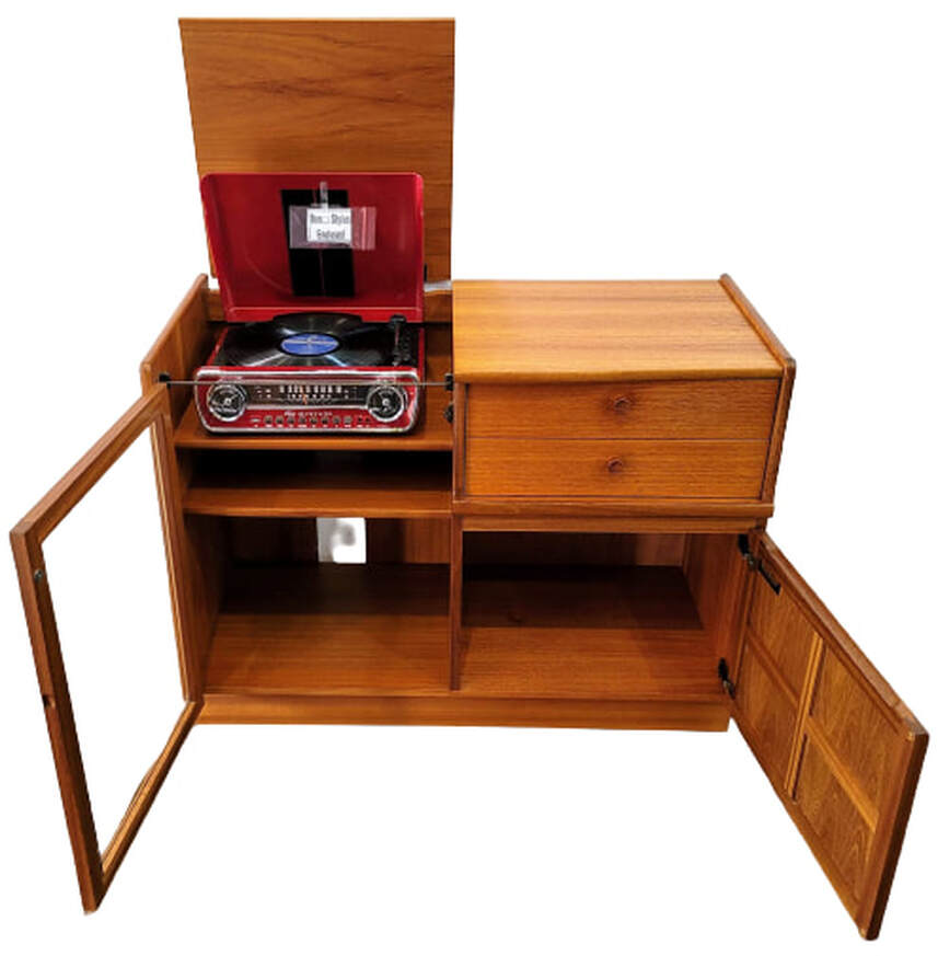 Nathan Furniture Classic Teak range Home Entertainment Unit with a vinyl record album storage cabinet and a glazed stereo equipment cabinet with lift top.