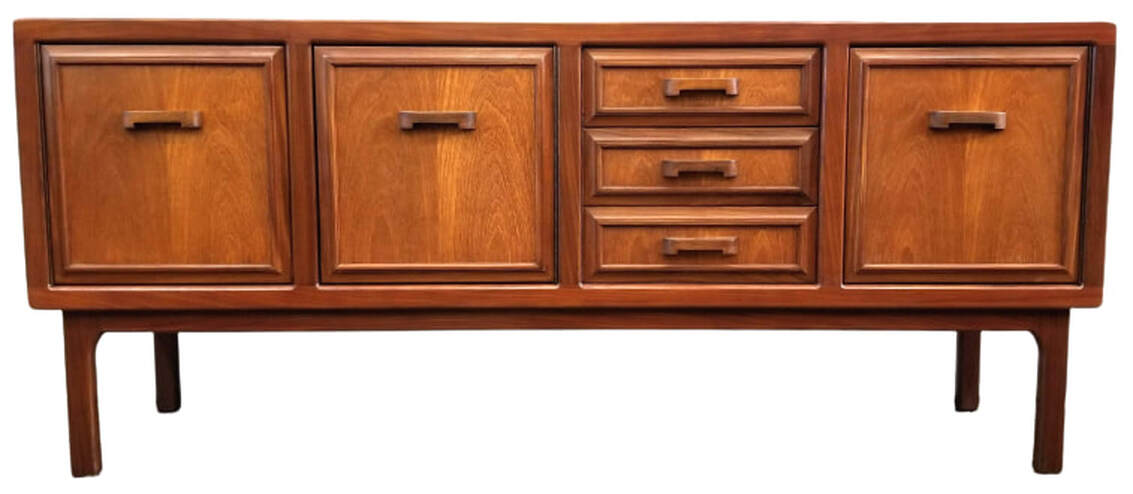 William Lawrence of Nottingham Credenza | England  Southeast Asian crown-cut teak and African Afrormosia trim and legs.  Two single door cabinets are on the left side. Three drawers are right of center. One single door cabinet is on the right.